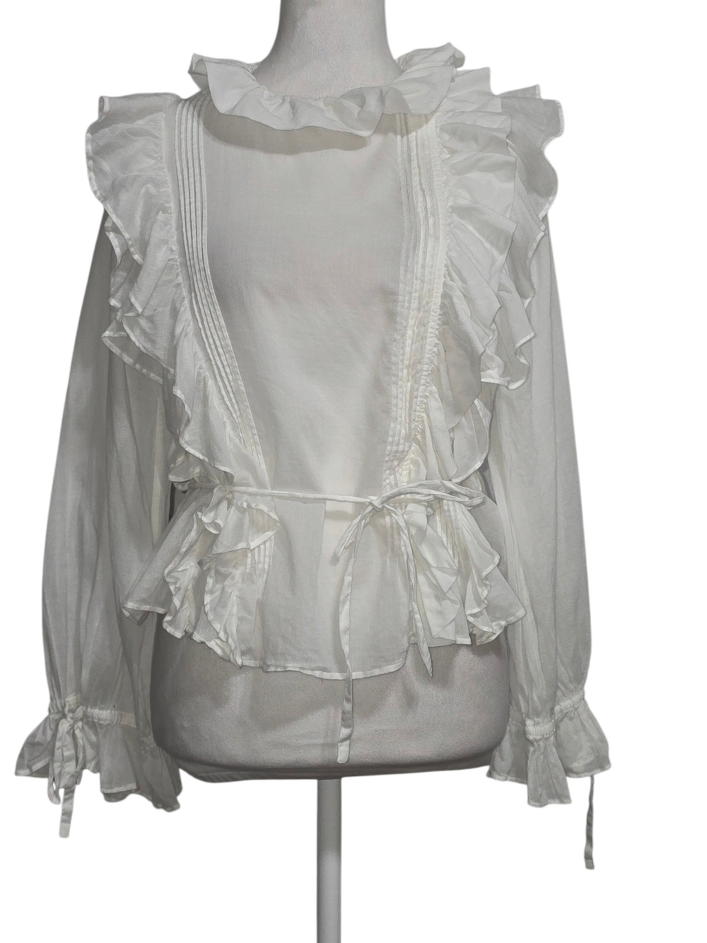 DÔEN Yvette Top XS White Ruffle Pintuck Cotton Blouse Cottagecore Victorian Boho